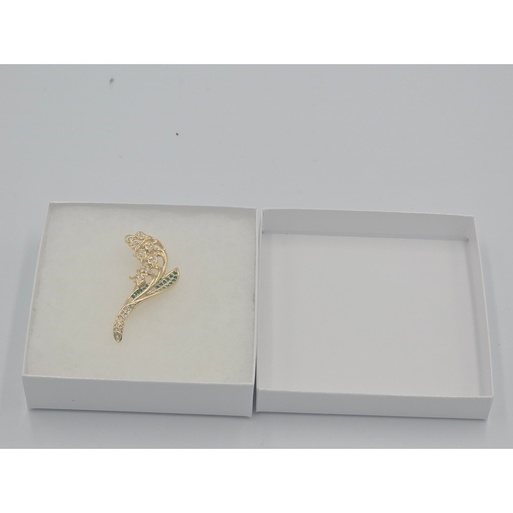 Lily of the Valley Brooch Gold Tone Green White Crystal Floral Flower Pin